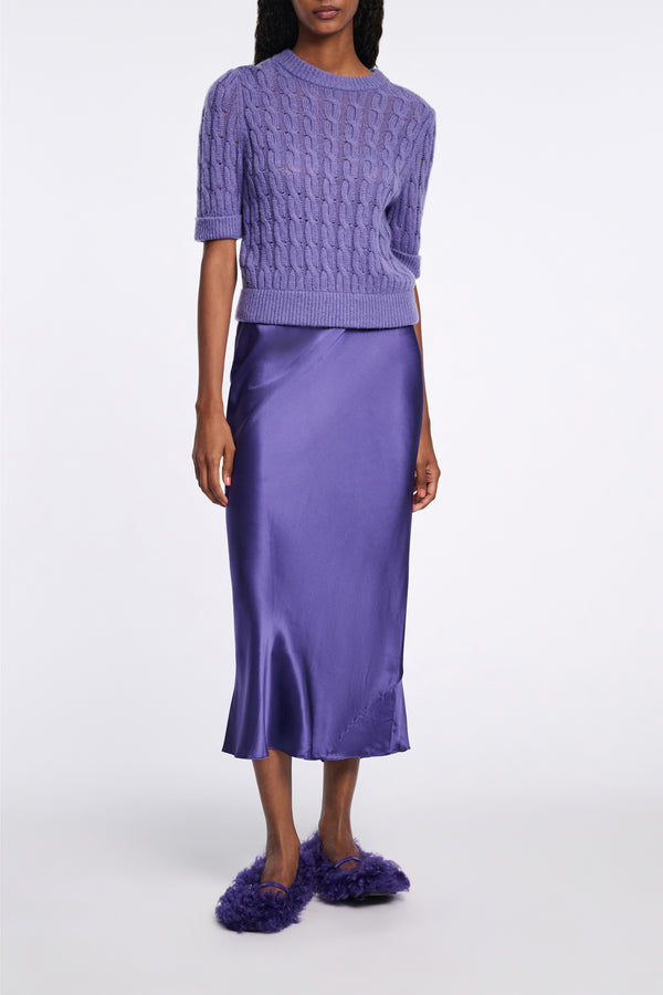 Dorothee Schumacher Bias Cut Silk Satin Midi-Skirt in Iris Vancouver. Shop Online or in Store.