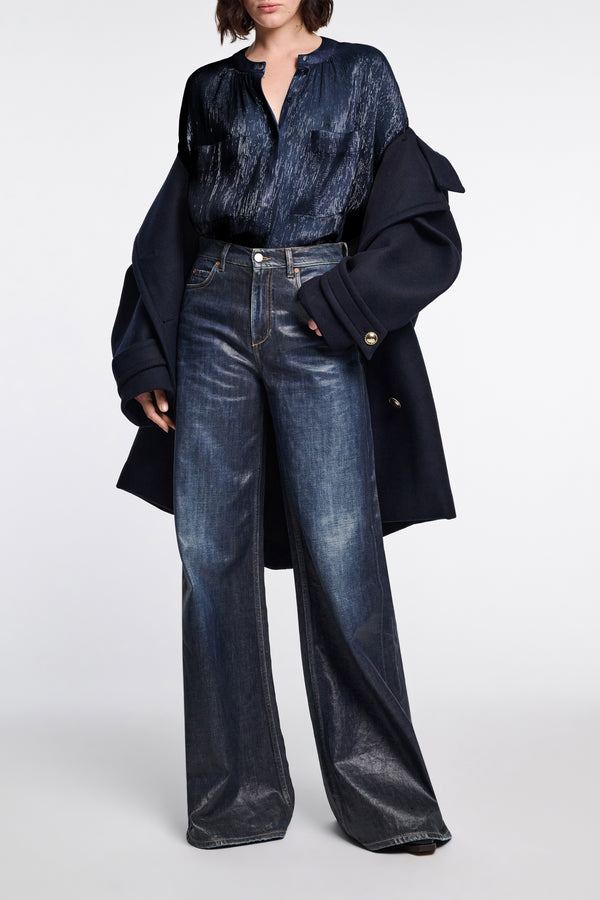 Dorothee Schumacher Boxy Silk Lamé Chiffon Blouse in Navy Vancouver. Shop Online or in Store.