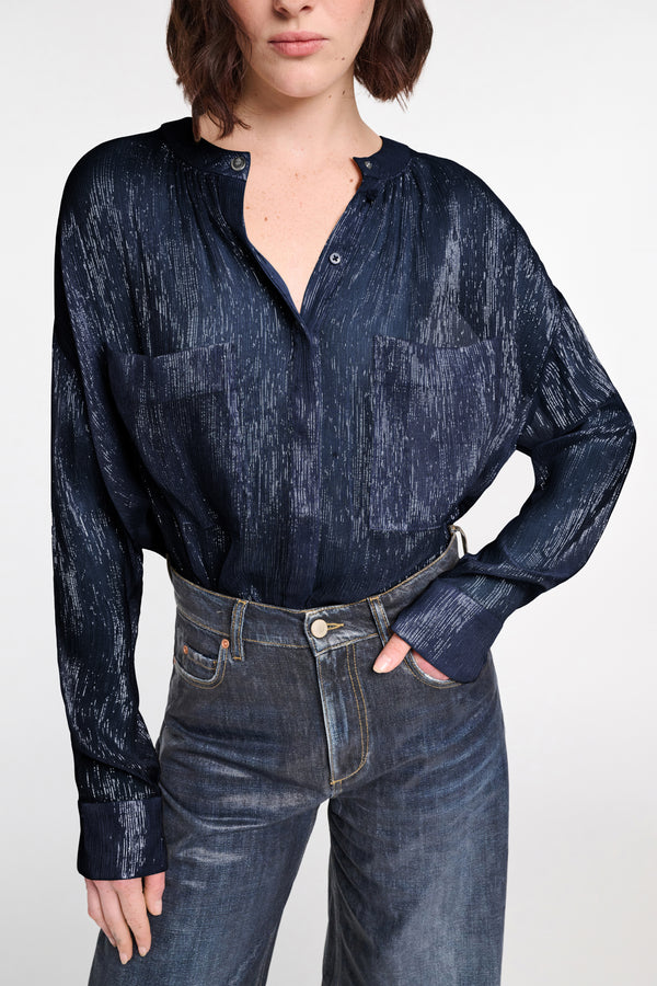 Dorothee Schumacher Boxy Silk Lamé Chiffon Blouse in Navy Vancouver. Shop Online or in Store.