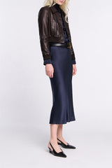 Dorothee Schumacher CPH Stretch Silk-Satin Midi-Skirt in Navy Vancouver. Shop Online or in Store.
