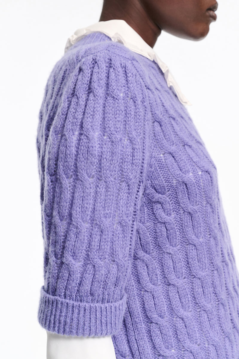 Dorothee Schumacher Cable Knit Short Sleeve Pullover in Hyacinth Purple Vancouver. Shop Online or in Store.