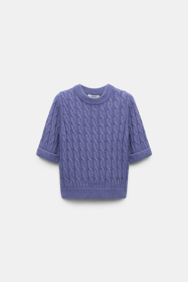 Dorothee Schumacher Cable Knit Short Sleeve Pullover in Hyacinth Purple Vancouver. Shop Online or in Store.