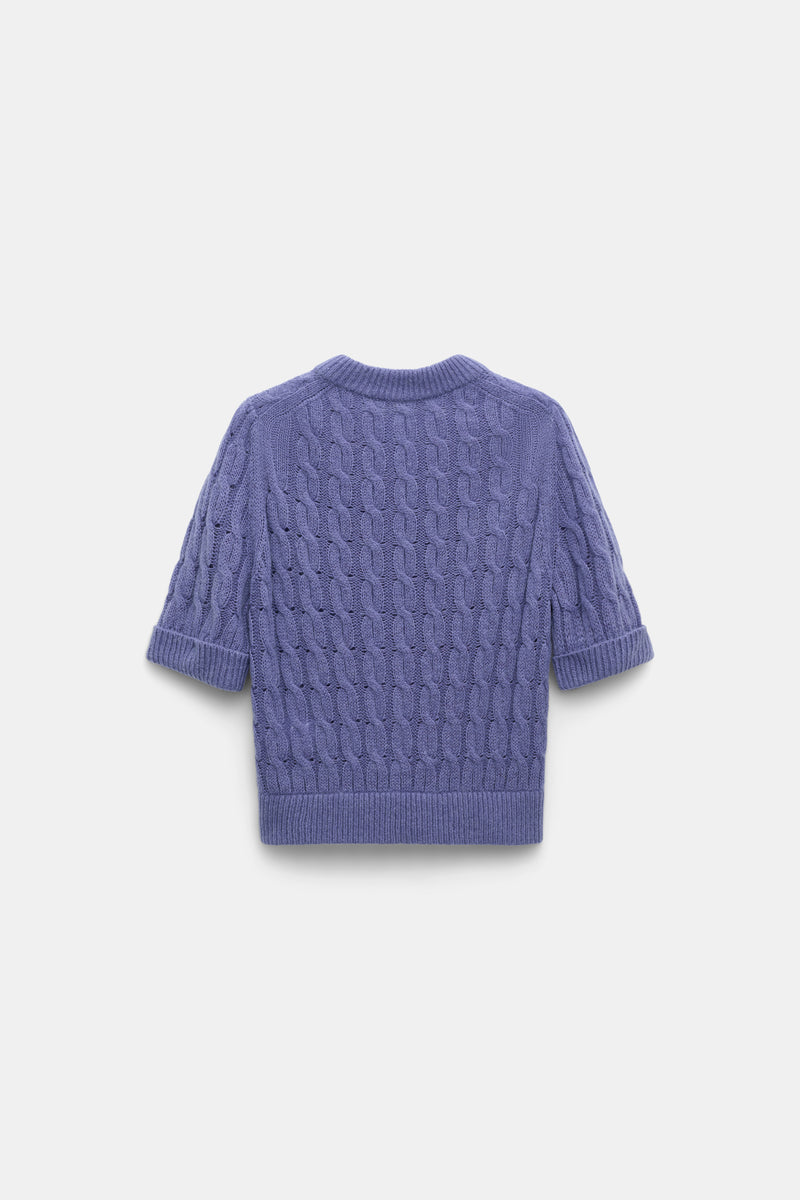 Dorothee Schumacher Cable Knit Short Sleeve Pullover in Hyacinth Purple Vancouver. Shop Online or in Store.