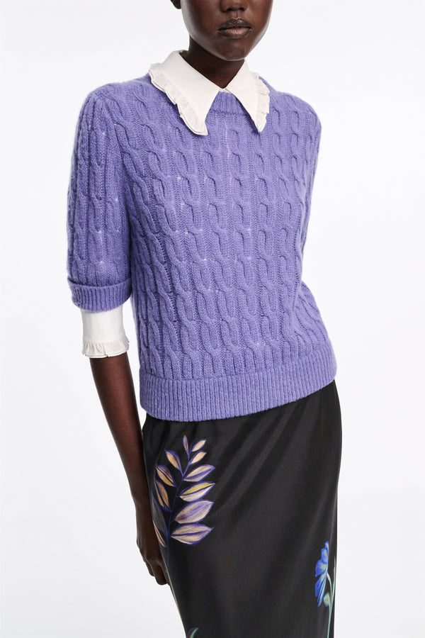 Dorothee Schumacher Cable Knit Short Sleeve Pullover in Hyacinth Purple Vancouver. Shop Online or in Store.