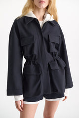 Dorothee Schumacher Cinched Waist Field Punto Milano Jacket in Dark Navy Vancouver. Shop Online or in Store.
