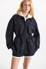 Dorothee Schumacher Cinched Waist Field Punto Milano Jacket in Dark Navy Vancouver. Shop Online or in Store.