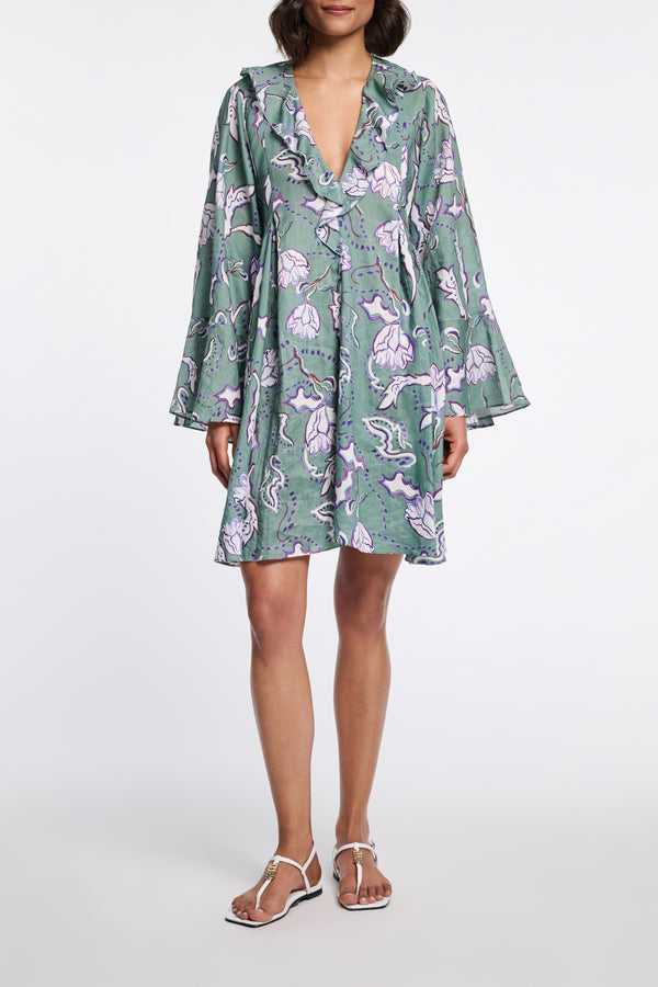 Dorothee Schumacher Crinkle Printed Ramie Caftan Dress in Green Vancouver. Shop Online or in Store.