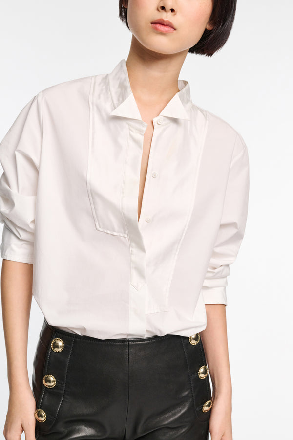 Dorothee Schumacher Cotton-Poplin Shirt with Asymmetrical Plastron and Collar Vancouver. Shop Online or in Store.