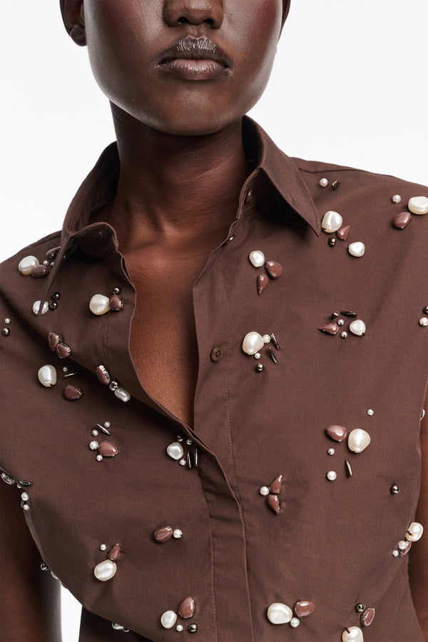 Dorothee Schumacher Cotton Poplin Hand Embellished Sleeveless Top in Brown Vancouver. Shop Online or in Store.