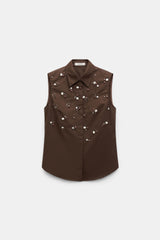 Dorothee Schumacher Cotton Poplin Hand Embellished Sleeveless Top in Brown Vancouver. Shop Online or in Store.