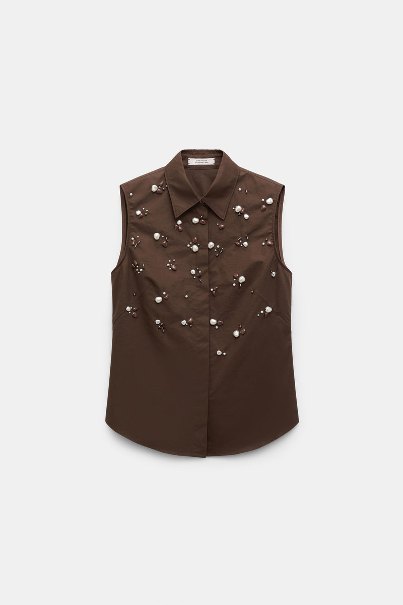 Dorothee Schumacher Cotton Poplin Hand Embellished Sleeveless Top in Brown Vancouver. Shop Online or in Store.