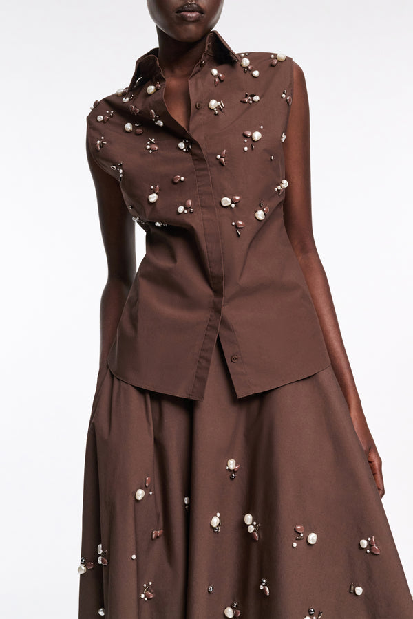 Dorothee Schumacher Cotton Poplin Hand Embellished Sleeveless Top in Brown Vancouver. Shop Online or in Store.