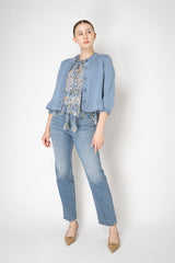 Dorothee Schumacher Cotton Poplin Short Sleeve Ruffled Top in Blue Floral Print Vancouver. Shop Online or in Store