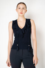 Dorothee Schumacher Cotton Wool Knit Sleeveless top with Tassle Details in Navy Vancouver. Shop Online or in Store