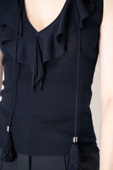 Dorothee Schumacher Cotton Wool Knit Sleeveless top with Tassle Details in Navy Vancouver. Shop Online or in Store