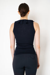 Dorothee Schumacher Cotton Wool Knit Sleeveless top with Tassle Details in Navy Vancouver. Shop Online or in Store
