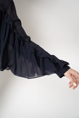 Dorothee Schumacher Cropped Crepe Blouse with Ruffle Batwing Sleeves in Navy Vancouver. Shop Online or in Store