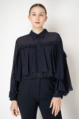 Dorothee Schumacher Cropped Crepe Blouse with Ruffle Batwing Sleeves in Navy Vancouver. Shop Online or in Store