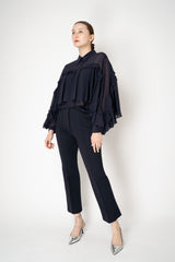 Dorothee Schumacher Cropped Crepe Blouse with Ruffle Batwing Sleeves in Navy Vancouver. Shop Online or in Store