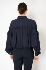 Dorothee Schumacher Cropped Crepe Blouse with Ruffle Batwing Sleeves in Navy Vancouver. Shop Online or in Store