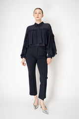 Dorothee Schumacher Cropped Crepe Blouse with Ruffle Batwing Sleeves in Navy Vancouver. Shop Online or in Store