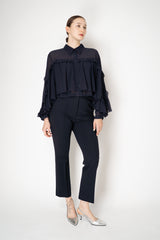Dorothee Schumacher Cropped Crepe Blouse with Ruffle Batwing Sleeves in Navy Vancouver. Shop Online or in Store
