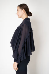 Dorothee Schumacher Cropped Crepe Blouse with Ruffle Batwing Sleeves in Navy Vancouver. Shop Online or in Store