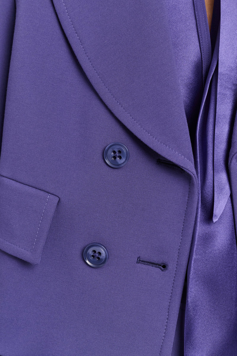 Dorothee Schumacher Cropped Double Breasted Blazer in Punto MiIano in Iris Vancouver. Shop Online or in Store.