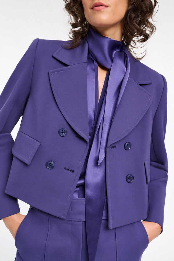 Dorothee Schumacher Cropped Double Breasted Blazer in Punto MiIano in Iris Vancouver. Shop Online or in Store.