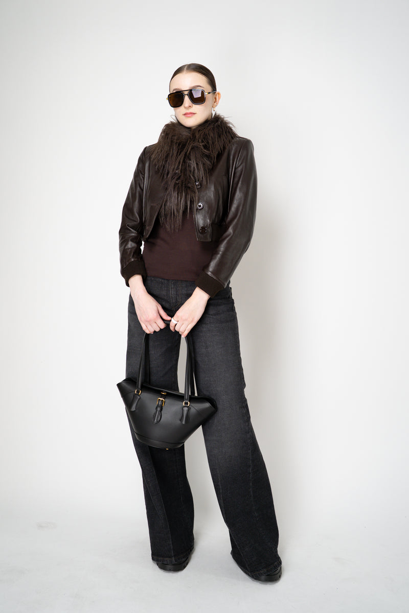 Dorothee Schumacher Cropped Mini Leather Blouson Jacket in Black Chocolate Vancouver. Shop Online or in Store.