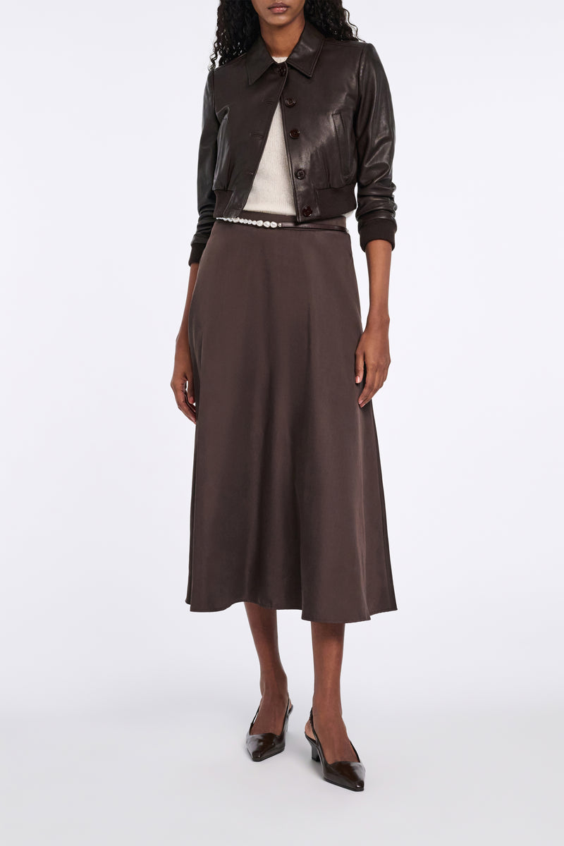 Dorothee Schumacher Cropped Mini Leather Blouson Jacket in Black Chocolate Vancouver. Shop Online or in Store.