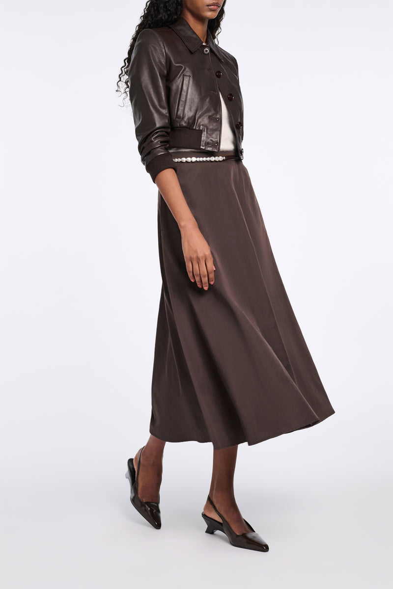 Dorothee Schumacher Cropped Mini Leather Blouson Jacket in Black Chocolate Vancouver. Shop Online or in Store.