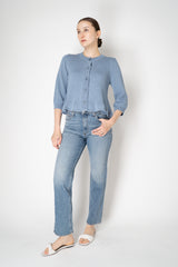 Dorothee Schumacher Cropped Round Neck Cardigan with Flounce Hem in Blue Vancouver. Shop Online or in Store