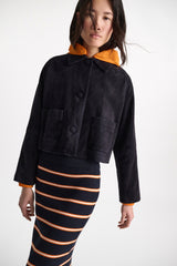 Dorothee Schumacher Cropped Suede Jacket in Dark Navy Vancouver. Shop Online or in Store.