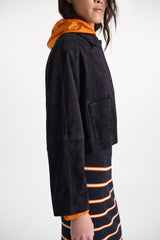 Dorothee Schumacher Cropped Suede Jacket in Dark Navy Vancouver. Shop Online or in Store.