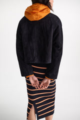 Dorothee Schumacher Cropped Suede Jacket in Dark Navy Vancouver. Shop Online or in Store.
