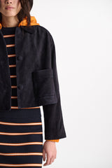 Dorothee Schumacher Cropped Suede Jacket in Dark Navy Vancouver. Shop Online or in Store.