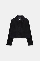 Dorothee Schumacher Cropped Suede Jacket in Dark Navy Vancouver. Shop Online or in Store.