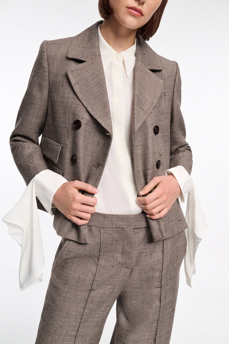 Dorothee Schumacher Cropped Virgin Wool Boxy Blazer in Pepper and Chocolate Vancouver. Shop Online or in Store.
