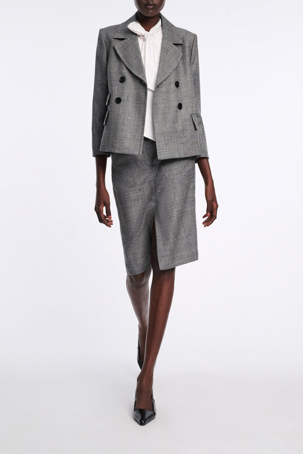 Dorothee Schumacher Cropped Virgin Wool Boxy Blazer in Pepper and Salt Vancouver. Shop Online or in Store.