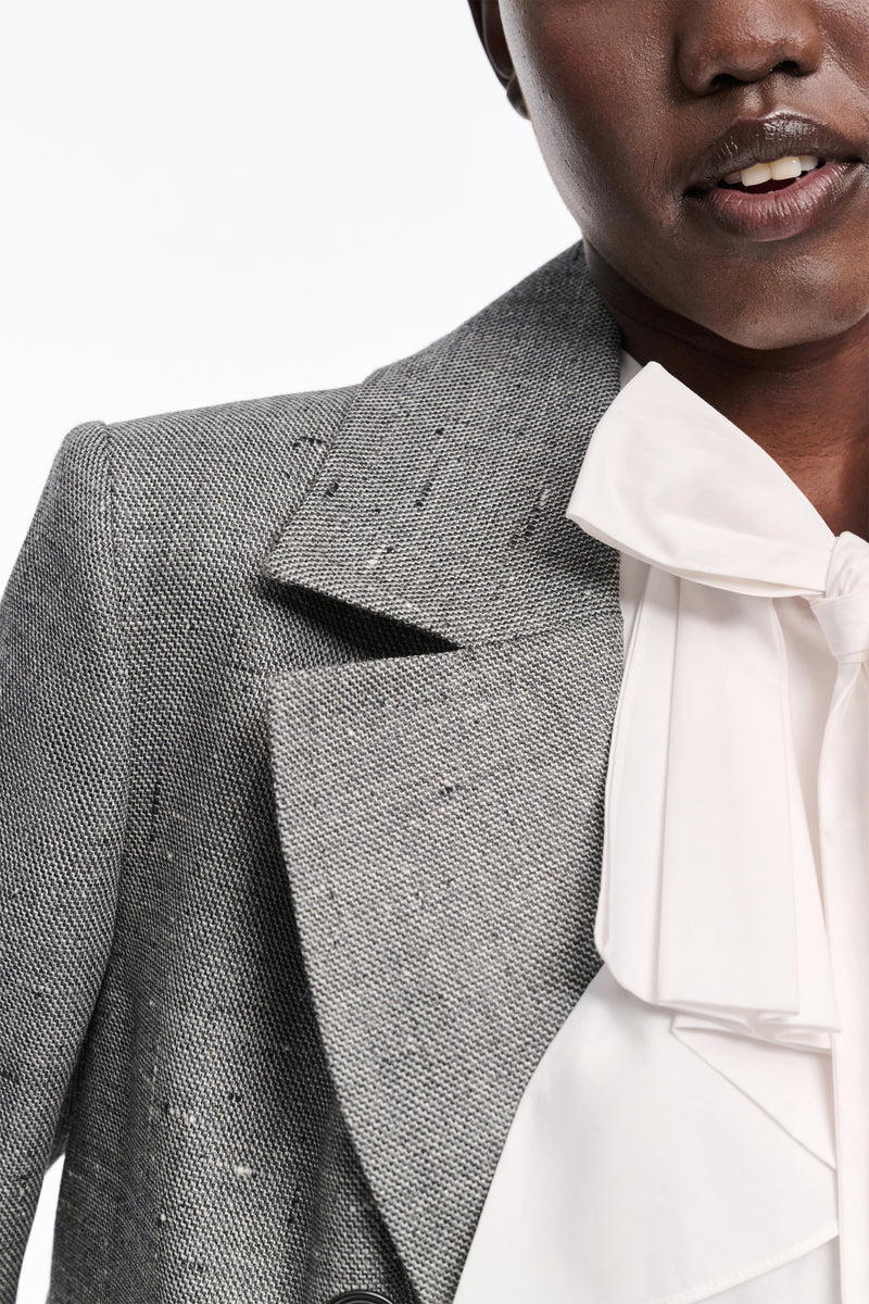 Dorothee Schumacher Cropped Virgin Wool Boxy Blazer in Pepper and Salt Vancouver. Shop Online or in Store.