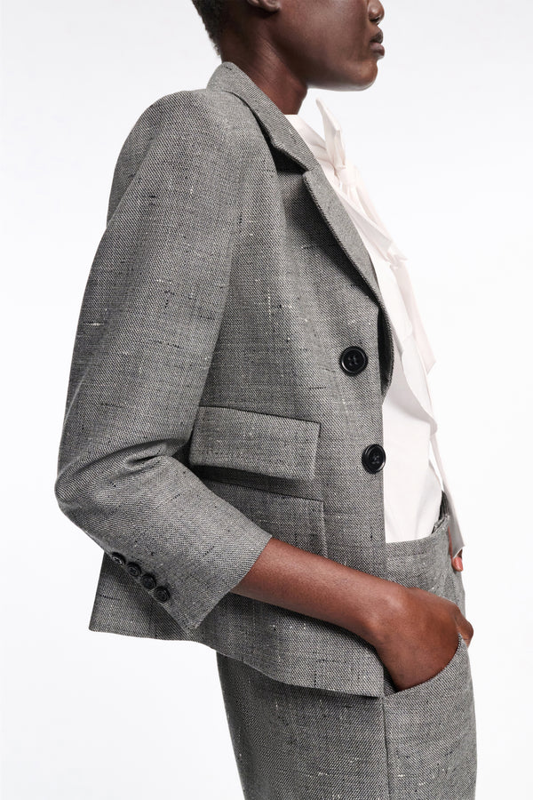 Dorothee Schumacher Cropped Virgin Wool Boxy Blazer in Pepper and Salt Vancouver. Shop Online or in Store.