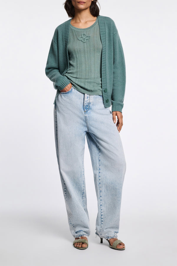 Dorothee Schumacher Deep V-Neck Cardigan in Eucalyptus Green Vancouver. Shop Online or in Store
