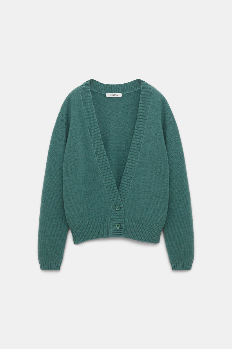 Dorothee Schumacher Deep V-Neck Cardigan in Eucalyptus Green Vancouver. Shop Online or in Store