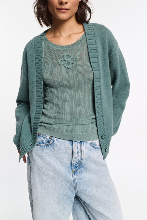 Dorothee Schumacher Deep V-Neck Cardigan in Eucalyptus Green Vancouver. Shop Online or in Store