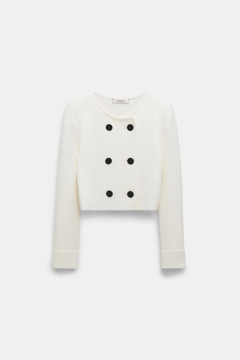 Dorothee Schumacher Double Breasted Cropped Knit Jacket in White Vancouver. Shop Online or in Store.