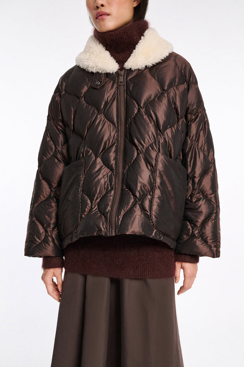 Dorothee Schumacher Down Jacket with Faux Fur Collar in Chocolate Vancouver. Shop Online or in Store.
