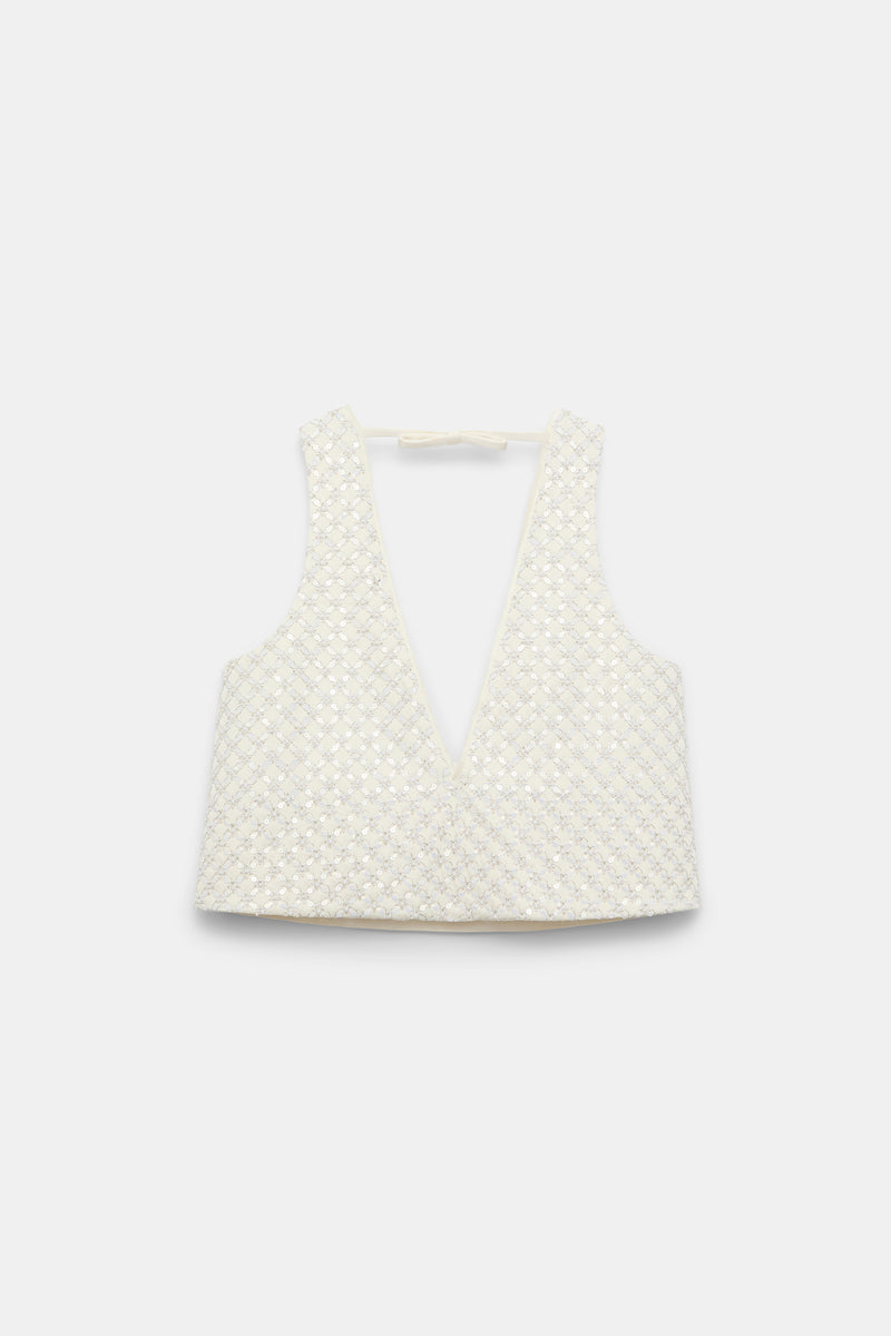 Dorothee Schumacher Duchesse Sequin Embellished Cropped Top in White Vancouver. Shop Online or in Store.