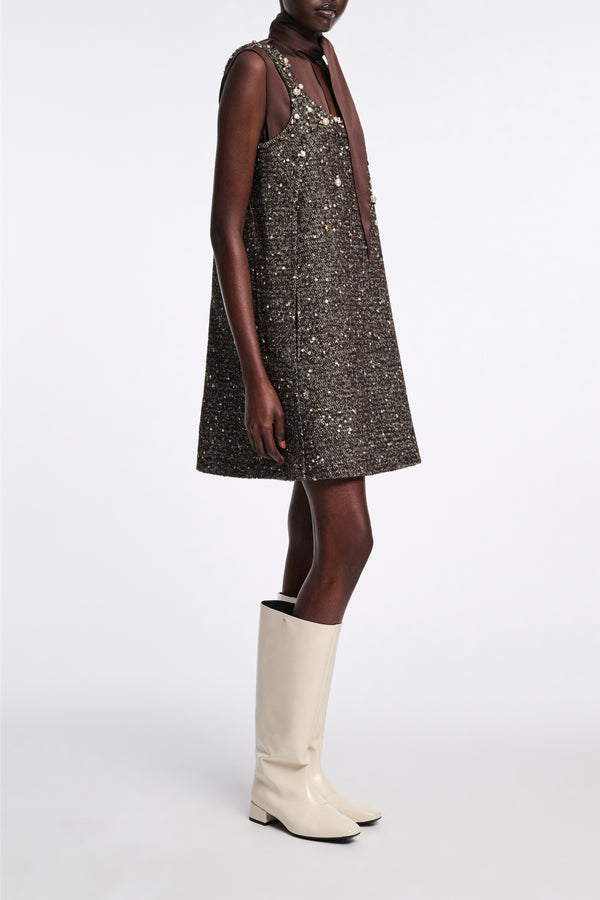 Dorothee Schumacher Embellished A-line Dress in Chocolate Tweed Vancouver. Shop Online or in Store.