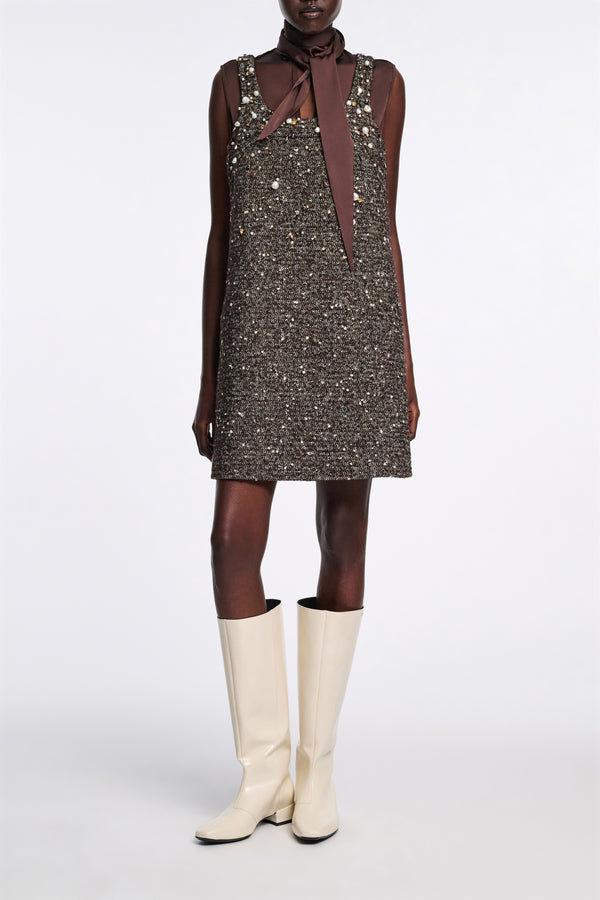 Dorothee Schumacher Embellished A-line Dress in Chocolate Tweed Vancouver. Shop Online or in Store.